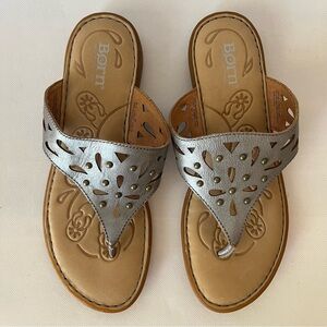 Born Akala Silver Metallic Leather Studded Thong Sandals